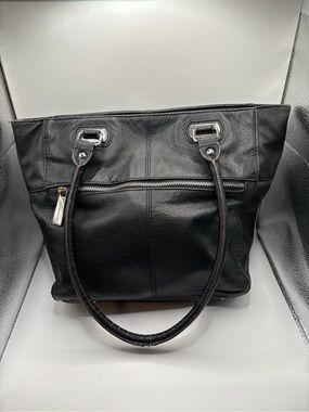 Tignanello Black Leather Shoulder Tote with Front Zip